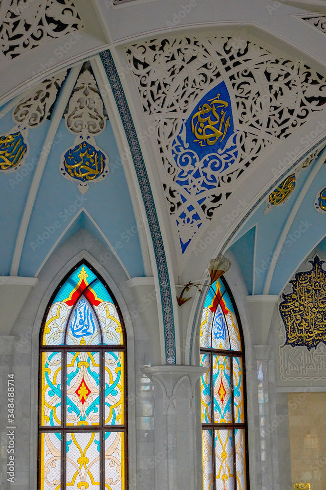 Russia, Kazan June 2019. The interior of the Kul Sharif Mosque in the Kazan Kremlin. Beautiful mosaic and stained glass.