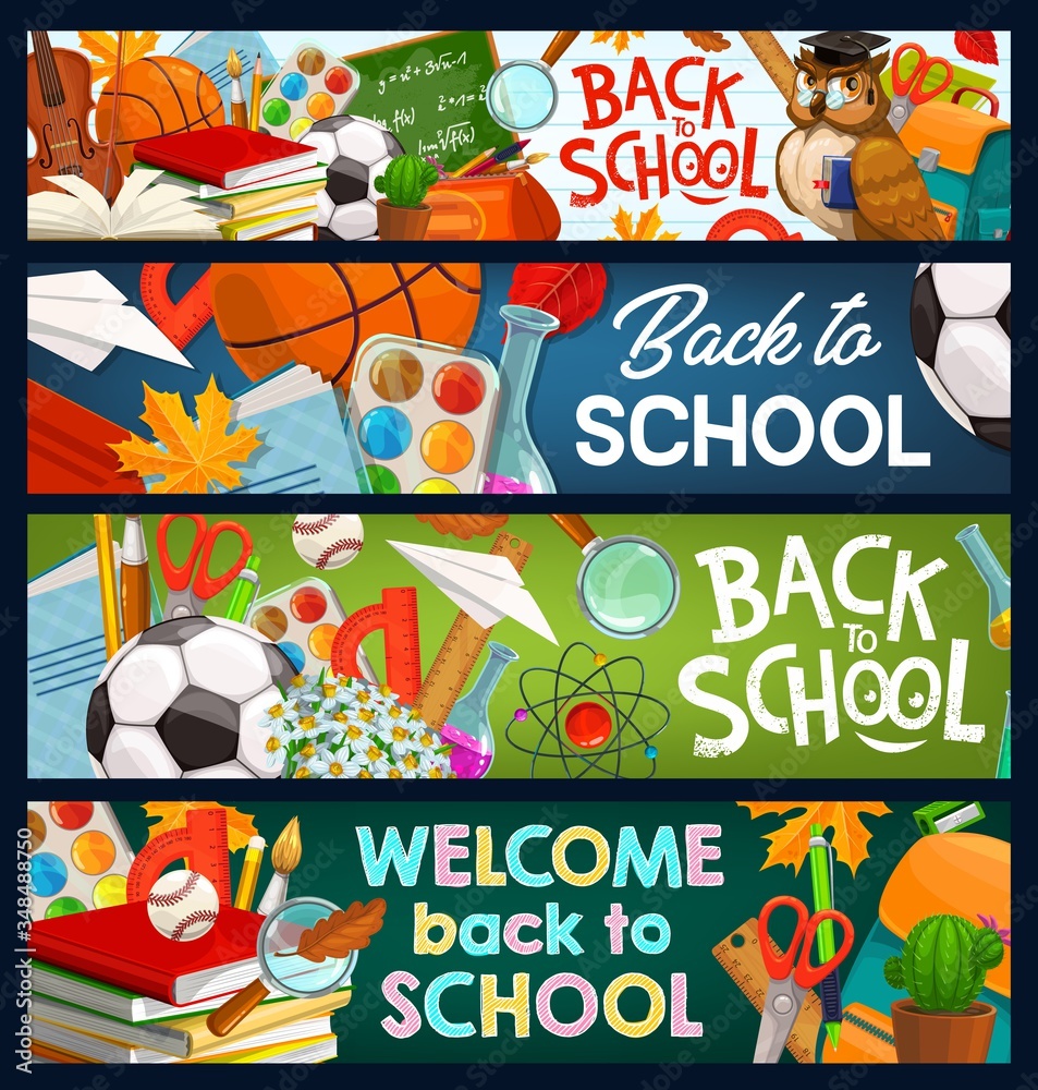 Back to school chalkboard banners, student books and pens, vector study and education items. Welcome back to school on notebook background, school bag, football ball, ruler, watercolor and paper plane