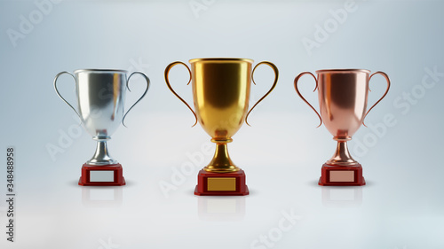 Vector golden cup set, isolated 3d objects, realistic design. Poster and element for sports tournaments and other events. Symbol of victory and success. Celebration and ceremony concept.