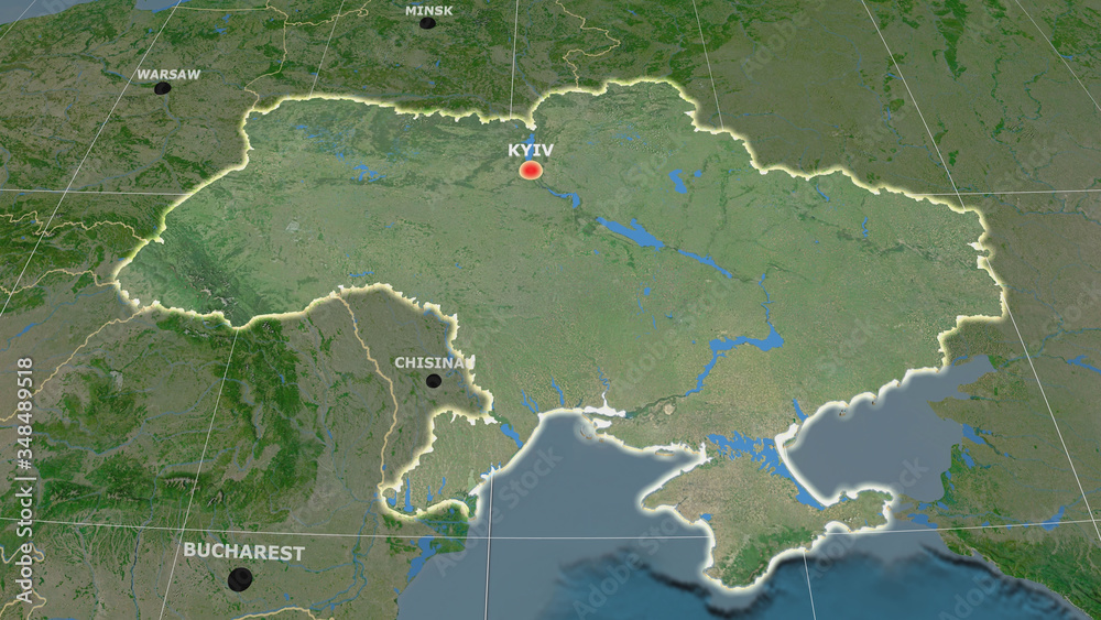 Ukraine extruded and capital labelled. Satellite Ukraine extruded and capital labelled. Satellite