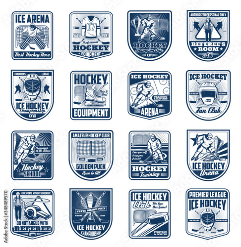 Ice hockey sport isolated vector icons. Winter sport vintage badges and retro emblems. Ice hockey cup tournament, players and referee, uniform ang trophy, crossed sticks and puck on arena shield