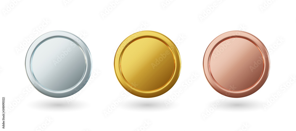 Vector gold coins and medal with ribbon, set of isolated awards in realistic design. Symbol of money and wealth. Celebration and ceremony concept. - obrazy, fototapety, plakaty 