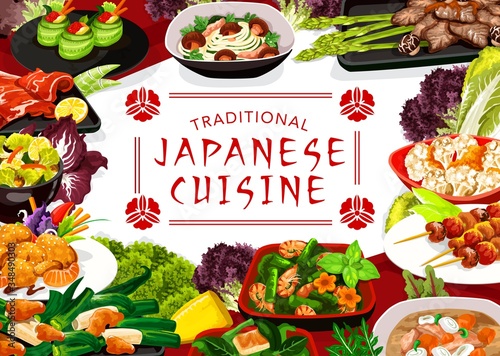 Japanese cuisine menu vector cover. Fresh seafood, meat and vegetable dishes. Shrimp salad, shellfish and puffer fish, butaziru pork soup, braised cabbage with fried tofu cheese meals