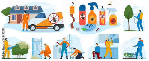 Pest control services, insects exterminator with insecticide spray and in protection cloths flat icons isolated vector illustration. Pesticide detecting pestholes exterminating insects. photo