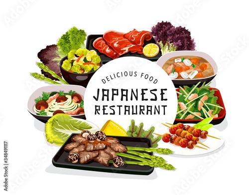 Japanese cuisine food, vector noodles with shiitake mushrooms, puffer fish or butaziru pork soup. White chicken meat with cryptotea salad, baked fish on skewers. Seafood restaurant round frame photo
