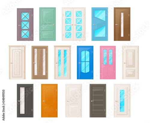 Interior room doors isolated vector objects. Interior design elements for room or office decoration, wooden multicolored doorways with metal doorknobs and glass details. House or hotel door frames