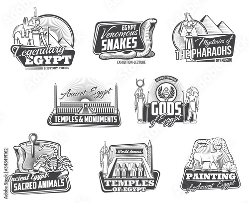 Ancient Egypt isolated vector icons set. Pharaoh pyramids, temples, Egyptian gods and sacred animals snakes scorpio, monuments and Cairo treasures exhibition, paintings museum monochrome travel signs