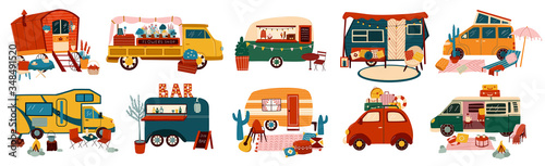 Vans and trailers vehicles set of travel caravans for camper, vintage summer trucks transport for tourism and hiking vacations adventure isolated vector illustrations. Retro car vans, campsite.