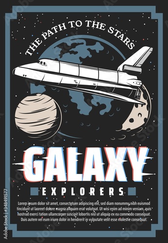 Outer space exploration cosmic retro poster with glitch effect. Galaxy explorer adventure, vector vintage card with astronaut spaceship shuttle on earth orbit, mars planet, moon and stars in universe