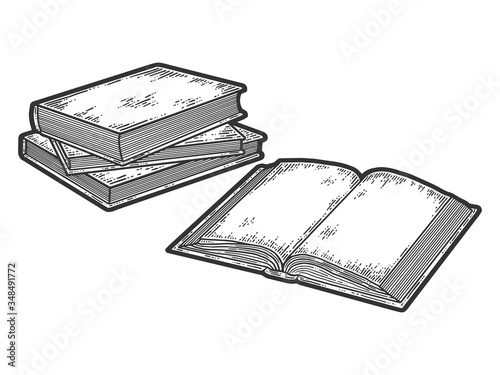 Isolated objects, set three books are stacked and open book sketch.