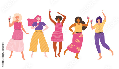 Female friendship. Women friends spend time together at a party. People dance, have fun, laugh, drink wine. Women of different nationalities and cultures. Sisterhood. Vector flat illustration