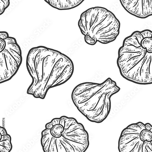 Georgian dish, three khinkali. Sketch scratch board imitation. Seamless pattern.