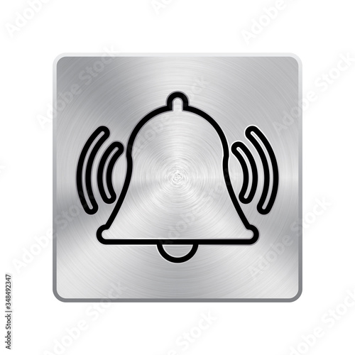 Silver metal button with bell icon. Notification bell for social media, internet and application isolated on steel button. Subscribe sign. Like and unlike internet concept. Laser cut, engraved symbol.