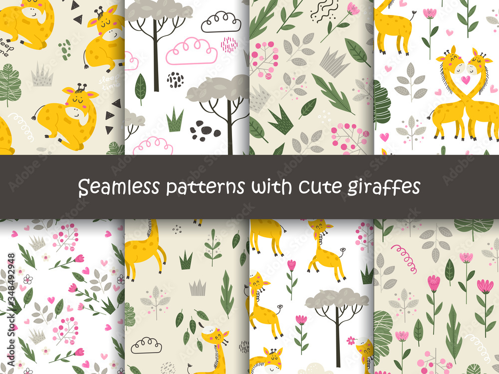 Fototapeta premium Set of seamless patterns with Giraffes and plants.