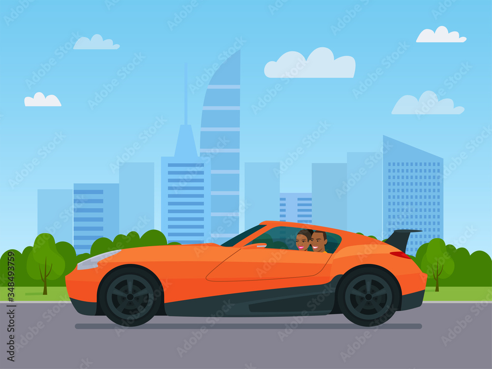 Sport coupe car with a afro american man and woman driving on a background of abstract cityscape. Vector flat style illustration.
