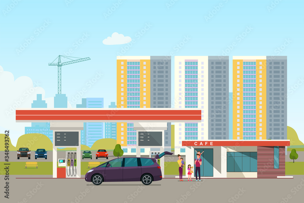 Gas station on against the background of the city landscape and a car with family. Vector flat style illustration.