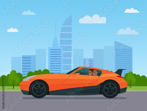 Fototapeta Naklejka Na Ścianę i Meble -  Sport coupe car with a afro american man and woman driving on a background of abstract cityscape. Vector flat style illustration.