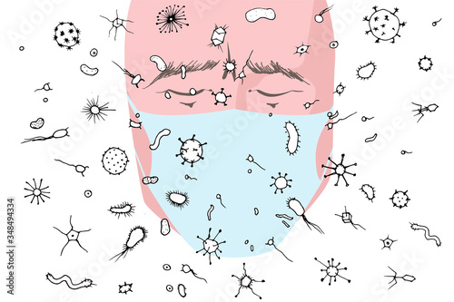 Lots of bacteria and viruses in air and in particles, virus transfer by airborne droplets. Human face in medical mask and various bacteria and viruses, vector illustration, quarantine and pandemics