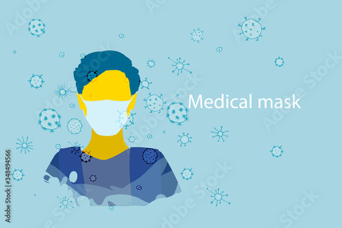 Lots of bacteria and viruses in air and in particles, virus transfer by airborne droplets. Human face in medical mask and various bacteria and viruses, vector illustration, quarantine and pandemics