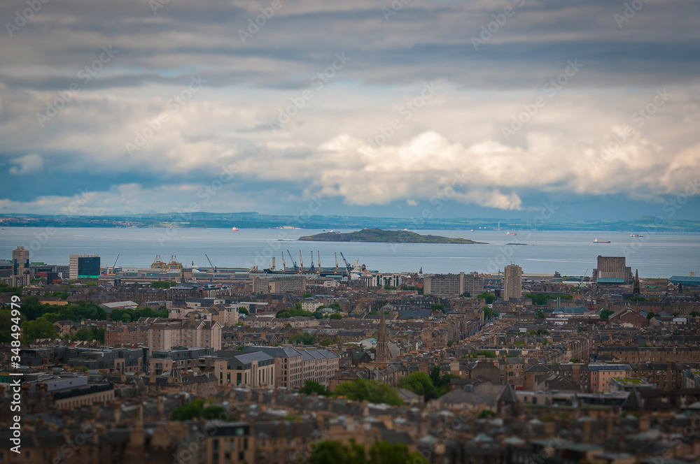 Tilt shift effect of Edinburgh, with the sea in the background