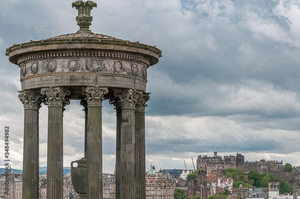 Detail of Dugald Stewart monument in the Calton Hill in a cloudy day, Edinburgh