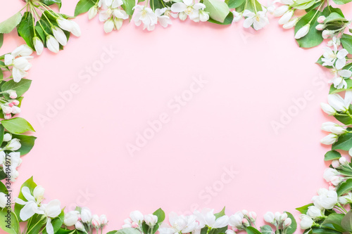 Summer and spring composition. Branches of a blossoming apple tree, white paper blank on pink background. Summer and spring concept. Flat lay, top view, copy space