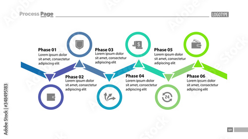 Six phase process chart template design. Element of chart, diagram, infographic. Concept for presentation, annual report, web design. Can be used for topics like business, finance, banking