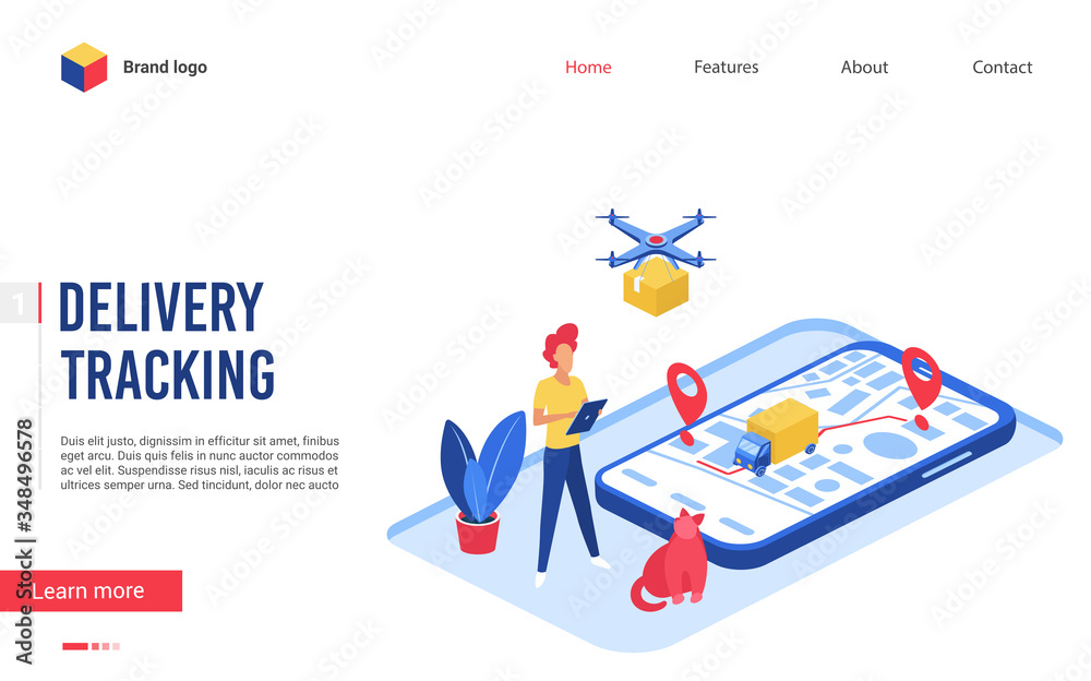 Delivery tracking service vector illustration. Website interface creative flat design with cartoon man character using modern postal technology to deliver box by air drone or truck, easy order track