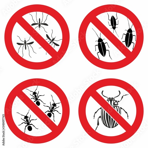 Stop insects. Tick, bugs and mosquito silhouettes. Warning prohibited sign, anti insect vector icons