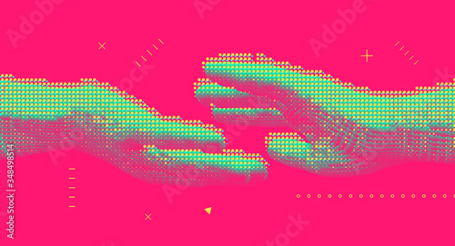 Hands reaching towards each other. Concept of human relation, togetherness or  partnership. Connection structure. 3D vector illustration.
