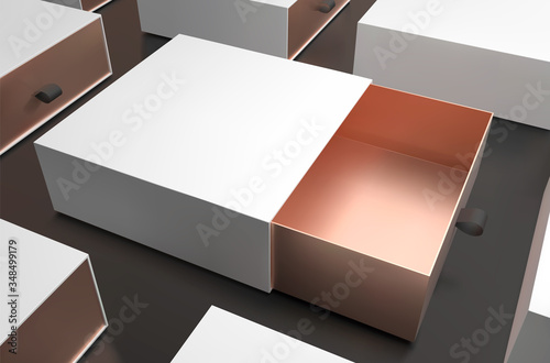 White gift box top view mock up. Opened box Christmas present template. Luxury packaging collection. 3d realistic surprise empty box with place for your logo.