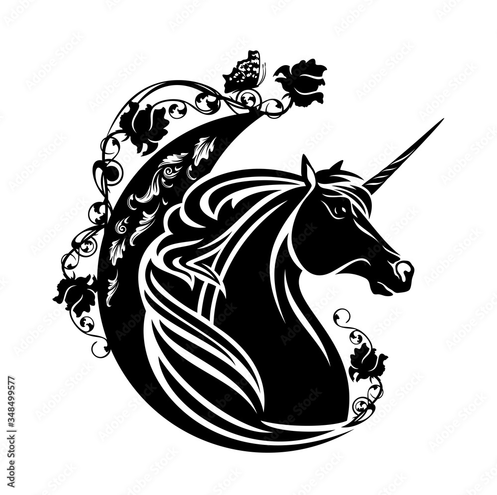 Fototapeta bajkowy koń jednorożca z sierpem księżyca, motylem i kwiatami róży - słodkich snów koncepcja czarno-biały projekt wektorowy