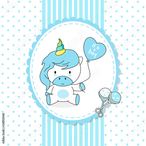 Baby boy shower card. Cute unicorn with heart shaped balloon
