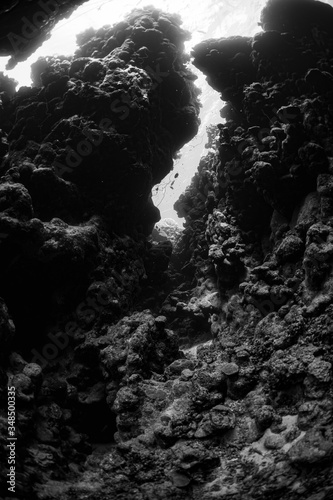 typical underwater cave in a red sea reef in black and white