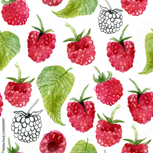 Watercolor pattern of raspberry. Hand drawn illustration isolated on white background. Juicy bright ornament.