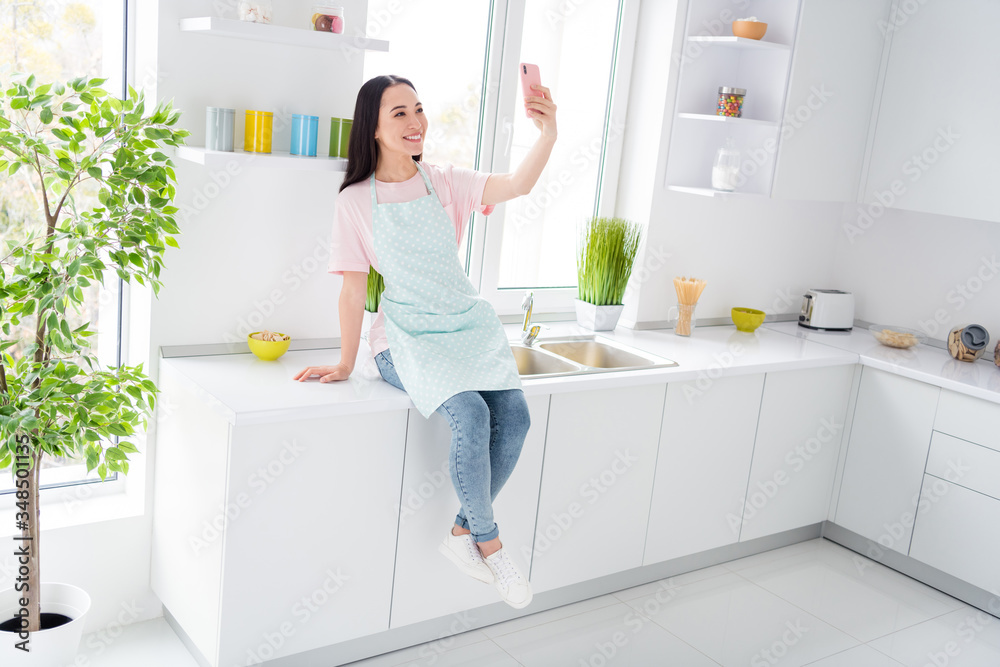 Portrait of her she nice attractive cheerful cheery brunette housewife sitting on countertop taking making selfie work done fast in modern light white interior kitchen indoors Portrait of her she nice attractive cheerful cheery brunette housewife sitting on countertop taking making selfie work done fast in modern light white interior kitchen indoors