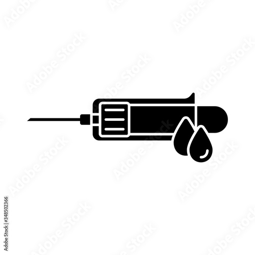 Silhouette syringe for blood sampling from vein with drops. Outline logo of laboratory tests. Illustration of vacuum medical tool for taking biological material. Flat isolated vector icon