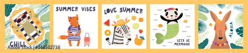 Collection of cards, posters with cute funny animals doing summer activities, text. Hand drawn vector illustration. Scandinavian style flat design. Concept for children holidays print, invite, banner.