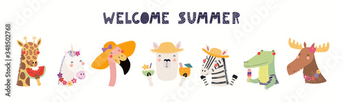 Hand drawn card, banner with cute animals, text Welcome Summer. Vector illustration. Isolated on white background. Scandinavian style flat design. Concept for children holidays print, invite, poster.