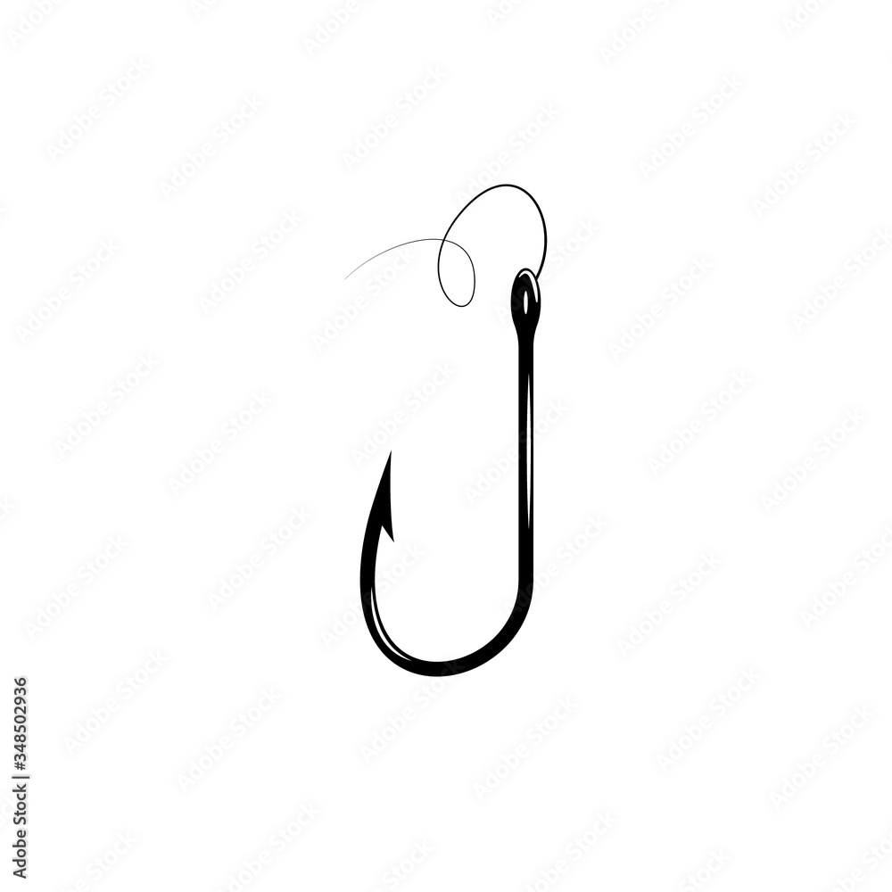 Fishing hook with fishing line, vector illustration, flat silhouette, logo, icon