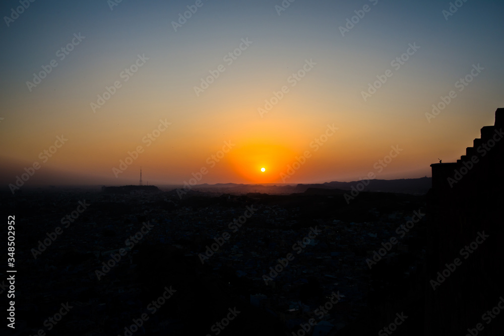 Sunset at Jodhpur city  aerial view from top of Mehrangarh or Mehran Fort
