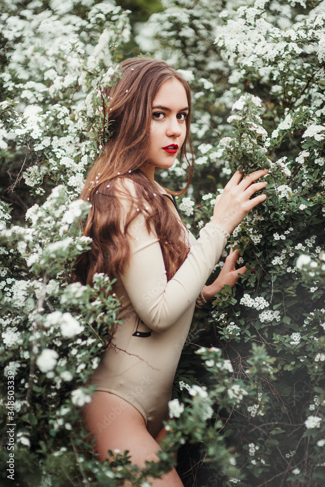 A young beautiful brown-haired girl under blossom tree. Woman on spring blossom background. Lady sniff blossoming flower A young beautiful brown-haired girl under blossom tree. Woman on spring blossom background. Lady sniff blossoming flower