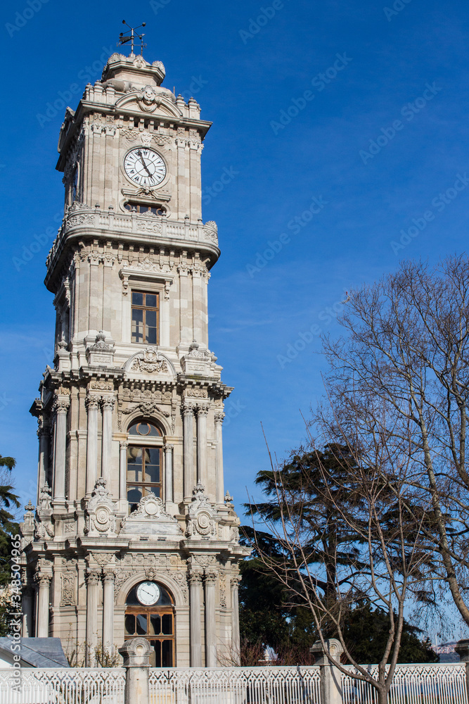 View of the Dolmabahçe Clock Tower in Istanbul. Turkey