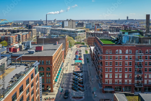 Milwaukee, WI / USA - May 12, 2020:  Aerial view of the Third Ward in Milwaukee Wisconsin. Taken approximately in the 200 block of North Broadway Street. 