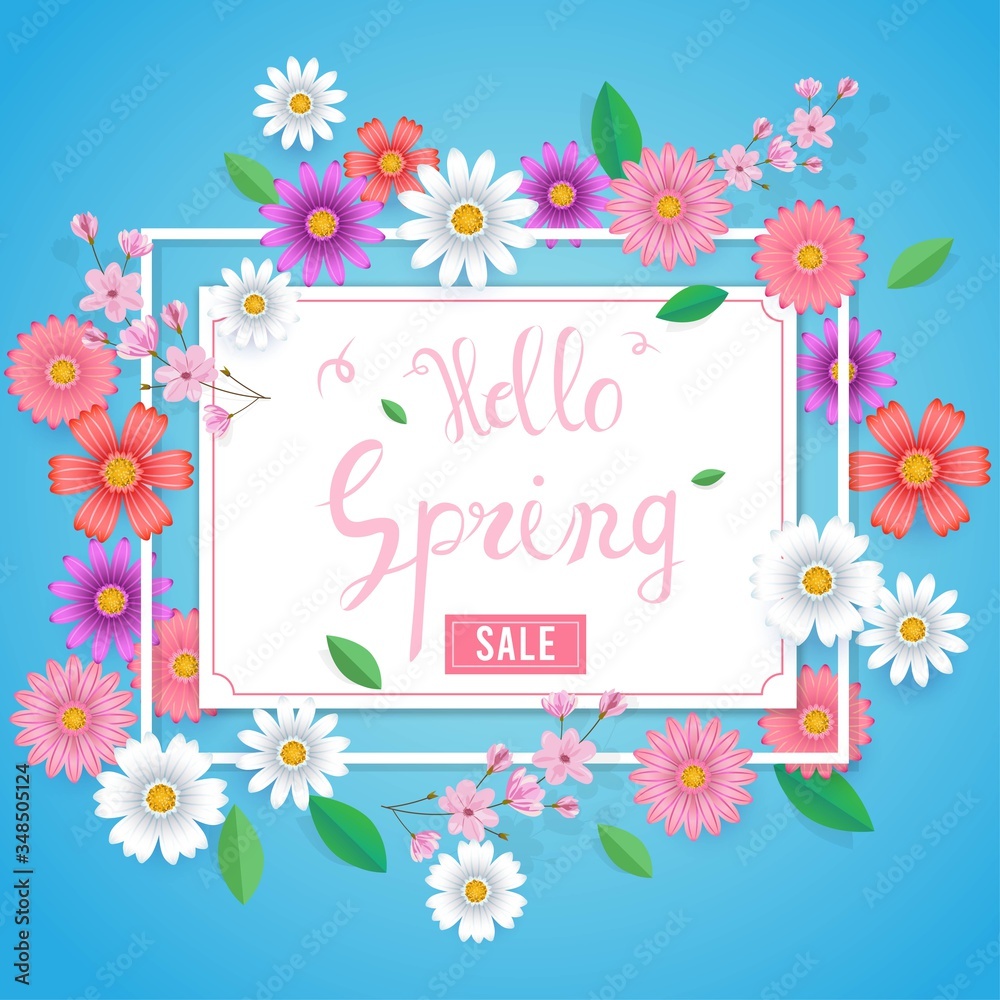 Hello spring text, Floral pattern, Card for spring season,  Promotions, Brochure,  Voucher  discount, Poster greeting,invitation, template, banner, poster.