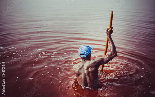 pink lake retba in the suburbs of Dakar photographed from a drone in Africa salt mining
