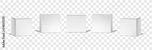 Realistic white boxes mockups set. Illustration of realism style drawn blank cosmetics packages boxes templates. Collection of low small cubic cardboards or containers on trasparent background.