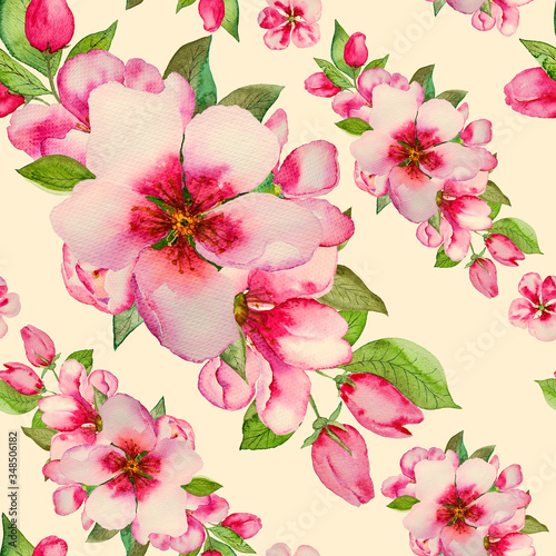 Watercolor pink blossom flowers isolated on yellow background. Seamless pattern background. © Swetlana Wall