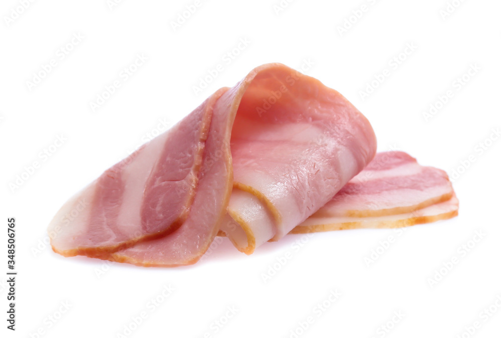 Fresh sliced bacon on white background Fresh sliced bacon on white background