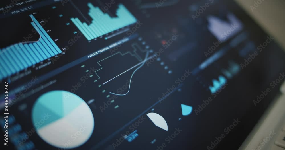 Digital tablet screen with graphs, charts, financial data, developments and data records. Panning shot.